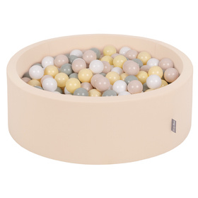 KiddyMoon Baby Foam Ball Pit with Balls ∅ 7cm / 2.75in, beige: pastel beige/green-grey/pastel yellow/white, 90x30cm/200 balls