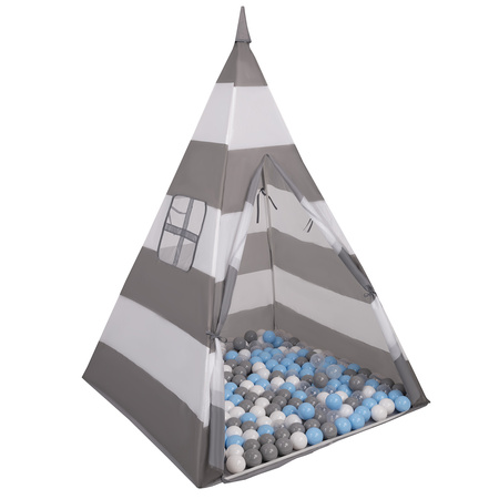 Teepee Tent for Kids Play House With Balls Indoor Outdoor Tipi, grey-whitestripes: grey/white/transparent/babyblue, 100 Balls