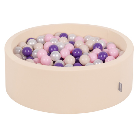 KiddyMoon Baby Foam Ball Pit with Balls ∅ 7cm / 2.75in, beige: pastel beige/powder pink/purple, 90x30cm/200 balls