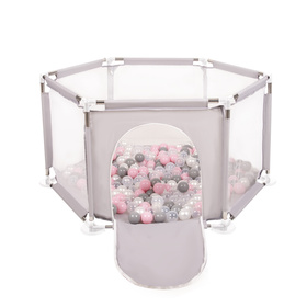 hexagon 6 side play pen with plastic balls, Grey:pearl/grey/transparent/powder pink, 100 balls