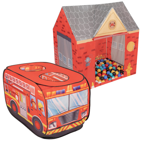 Playhouse Tent Set Fireman Fire Engine And Fire Station Indoor Outdoor Foldable Adventure Toy For Kids Boys Girls Group Activity Pretend Play, red: black/white/blue/red/yellow/turquoise, 100 balls