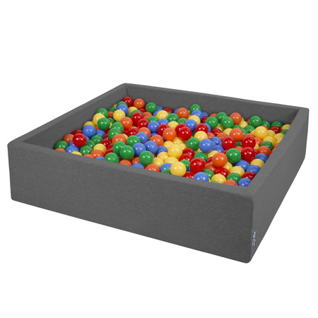 KiddyMoon Soft Ball Pit Square  ∅ 7Cm / 2.75In For Kids, Foam Ball Pool Baby Playballs Children, Made In The EU, dark grey:yellow-green-blue-red-orange, 120x30cm/200 balls