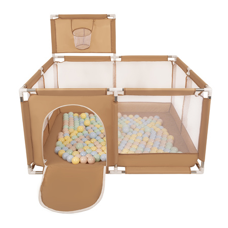 square play pen filled with plastic balls basketball, beige:pastel beige/pastel blue/pastel yellow/mint, 100 balls