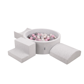 KiddyMoon Foam Playground for Kids with Round Ballpit ( ∅ 7cm/2.75In) Soft Obstacles Course and Ball Pool, Certified Made In The EU, lightgrey:pearl/grey/transparent/powderpink, Ballpit (200 Balls) + Version 6