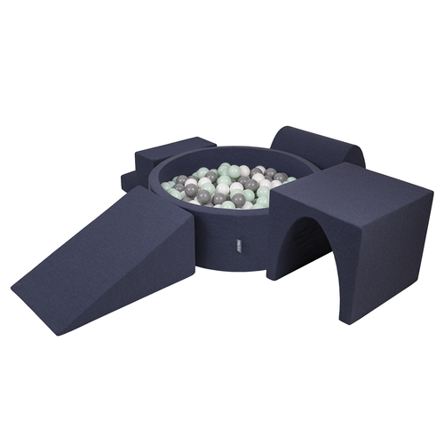 KiddyMoon Foam Playground for Kids with Round Ballpit ( ∅ 7cm/2.75In) Soft Obstacles Course and Ball Pool, Certified Made In The EU, darkblue:white/grey/mint, Ballpit (200 Balls) + Version 3