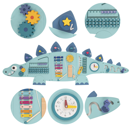 KiddyMoon Montessori Activity Board For Kids Wood Dinosaur Motor Skills AB-001, Blue, UNI