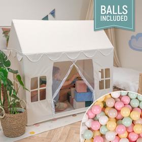 KiddyMoon Playhouse For Kids Foldable Tent Child's Play Cotton Fabric Easy To Assemble Indoor And Outdoor Use With Windows And Doors Encourages Creative Play Compact Storage, natural: pastel beige/pastel yellow/white/mint/powder pink, 300 Balls