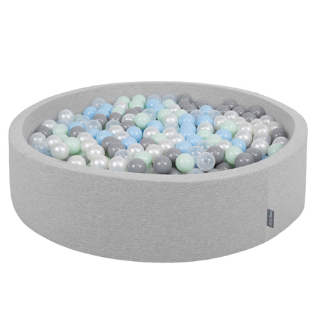 KiddyMoon Soft Ball Pit Round  ∅ 7Cm / 2.75In For Kids, Foam Ball Pool Baby Playballs Children, Made In The EU, light grey:pearl-grey-transparent-babyblue-mint, 120x30cm/200 balls