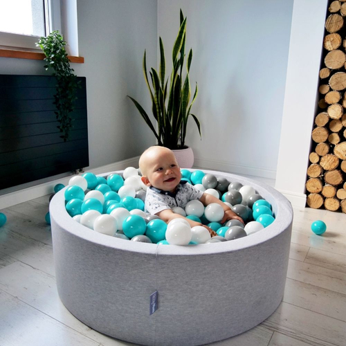 KiddyMoon Baby Foam Ball Pit with Balls ∅ 7cm / 2.75in Square Made in EU, light grey:grey/white/turquoise