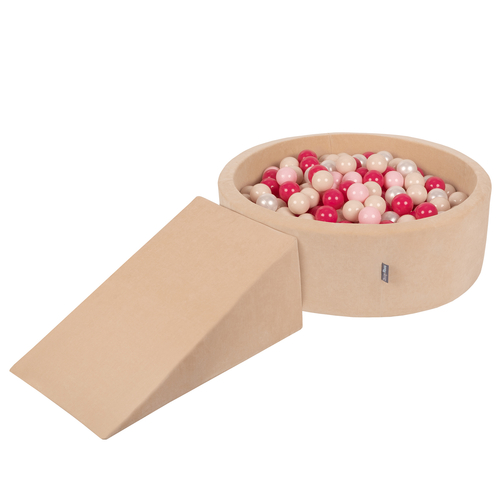 KiddyMoon Foam Playground Velvet for Kids with Round Ball pit ( ∅ 7cm/2.75In) Soft Obstacles Course and Ball Pool, Certified Made In The EU, Sand beige: pastel beige/powder pink/pearl/dark pink, Ballpit (200 Balls) + Wedge