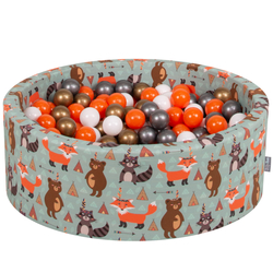 KiddyMoon Soft Ball Pit Round ∅ 7Cm / 2.75In For Kids, Foam Ball Pool Baby Playballs Children, Made In The EU, fox-green:orange/silver/gold/white, 90x30cm/200 balls