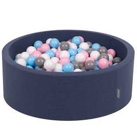KiddyMoon Baby Foam Ball Pit with Balls ∅ 7cm / 2.75in Made in EU, dark blue:white/grey/babyblue/powder pink, 90x30cm/200 balls