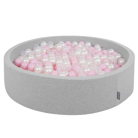 KiddyMoon Soft Ball Pit Round  ∅ 7Cm / 2.75In For Kids, Foam Ball Pool Baby Playballs Children, Made In The EU, light grey:powder pink-pearl-transparent, 120x30cm/200 balls