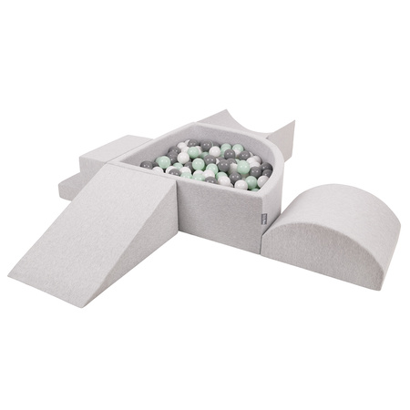 KiddyMoon Foam Playground for Kids with Quarter Angular Ballpit and Balls, lightgrey:white/grey/mint, Ballpit (200 Balls) + Version 5