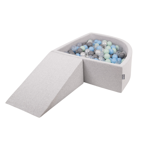 KiddyMoon Foam Playground for Kids with Quarter Angular Ballpit and Balls, lightgrey:pearl/grey/transparent/babyblue/mint, Ballpit (200 Balls) + Wedge