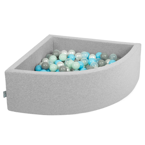 KiddyMoon Soft Ball Pit Quarter Angular ∅ 7cm / 2.75In for Kids, Foam Ball Pool Baby Playballs, Made In The EU, light grey:pearl/grey/transparent/baby blue/mint, 90 x 30 cm / 200 Balls