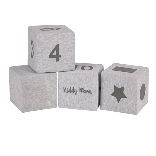 KiddyMoon Soft Foam Cubes Building Blocks 14cm for Children Multifunctional Foam Construction Montessori Toy for Babies, Certified Made in The EU, light grey-print, 4 Pieces