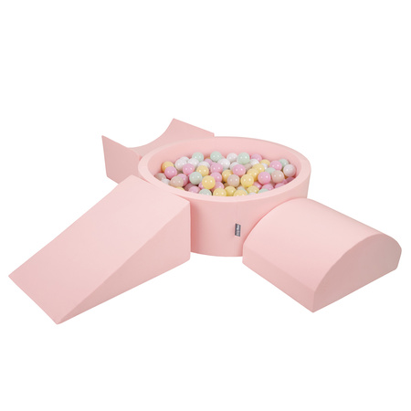 KiddyMoon Foam Playground for Kids with Round Ballpit ( ∅ 7cm/2.75In) Soft Obstacles Course and Ball Pool, Certified Made In The EU, pink:pastel beige/pastel yellow/white/mint/light pink, Ballpit (300 Balls) + Version 4