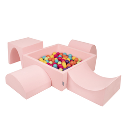 KiddyMoon Foam Playground for Kids with Square Ball pit ( ∅ 7cm/2.75In) Soft Obstacles Course and Ball Pool, Certified Made In The EU, pink:lgreen/yellow/turquoise/orange/dpink/purple, Ballpit (200 Balls) + Version 1