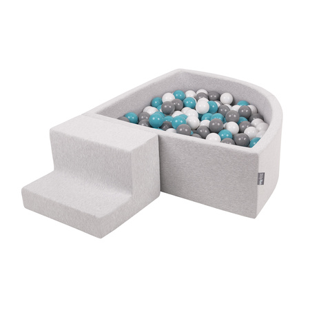 KiddyMoon Foam Playground for Kids with Quarter Angular Ballpit and Balls, lightgrey:grey/white/turquoise, Ballpit (100 Balls) + Steps