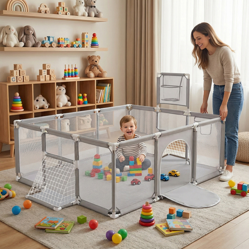 Baby Playpen Big Size Playground with Plastic Balls for Kids, Grey, No Balls