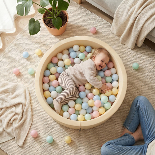 KiddyMoon Foam Ball Pit with Balls for Babies and Toddlers, Soft Sensory Play, Durable Removable Cover, Safe, butter: pearl, 90 x 30 cm / 300 Balls