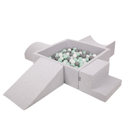 KiddyMoon Foam Playground for Kids with Square Ball pit ( ∅ 7cm/2.75In) Soft Obstacles Course and Ball Pool, Made In The EU, lightgrey:white/grey/mint, Ballpit (200 Balls) + Version 5