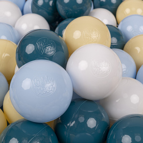 KiddyMoon Soft Plastic Play Balls ∅ 7cm/2.75in Multi-colour Made in EU, dark turquoise/pastel blue/pastel yellow/white, 100 Balls/7cm-2.75in