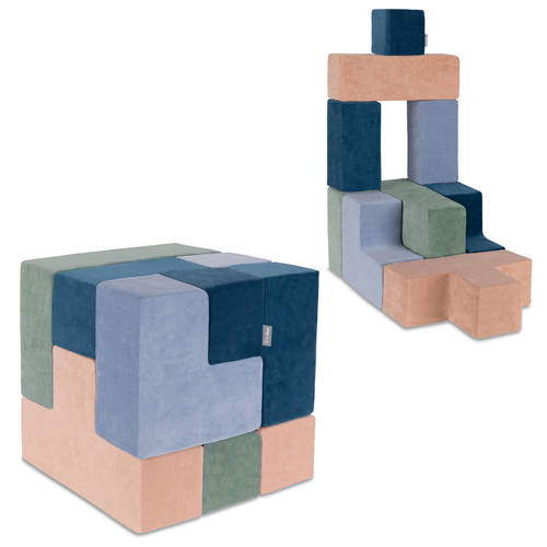 KiddyMoon Soft Foam Cubes with Velvet Cover Building Blocks for Children, laguna blue-forest green-desert pink-ice blue, 9 Pieces