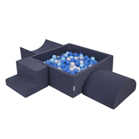 KiddyMoon Foam Playground for Kids with Square Ballpit ( ∅ 7cm/2.75In) Soft Obstacles Course and Ball Pool, Certified Made In The EU, darkblue:babyblue/blue/pearl, Ballpit (200 Balls) + Version 6