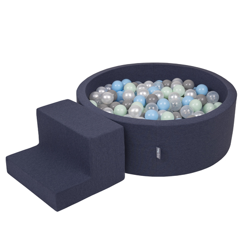 KiddyMoon Foam Playground for Kids with Round Ball pit (200 Balls ∅ 7cm/2.75In) Soft Obstacles Course and Ball Pool, Certified Made In The EU, darkblue:pearl/grey/transparent/babyblue/mint, Ballpit (200 Balls) + Steps
