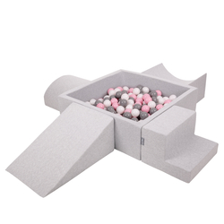 KiddyMoon Foam Playground for Kids with Square Ball pit ( ∅ 7cm/2.75In) Soft Obstacles Course and Ball Pool, Made In The EU, lightgrey:white/grey/powderpink, Ballpit (200 Balls) + Version 5