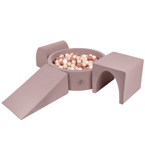 KiddyMoon Foam Playground for Kids with Round Ball pit (Balls ∅ 7cm/2.75In) Soft Obstacles Course and Ball Pool, Made In EU, heather: pastel beige/salmon/white, Ballpit (200 Balls) + Version 2