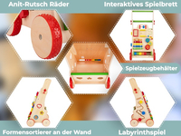 KiddyMoon Wooden Baby Walker Interactive Educational Toy for Children Multifunctional Push-Along Toy for Babies Montessori Walker for Kids Model WK-002, Multicolored, Adjustable Handle