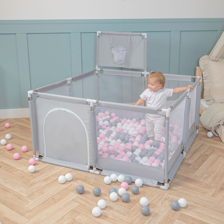 square play pen filled with plastic balls basketball, green:dark turquoise/pastel blue/pastel yellow/white, 100 balls