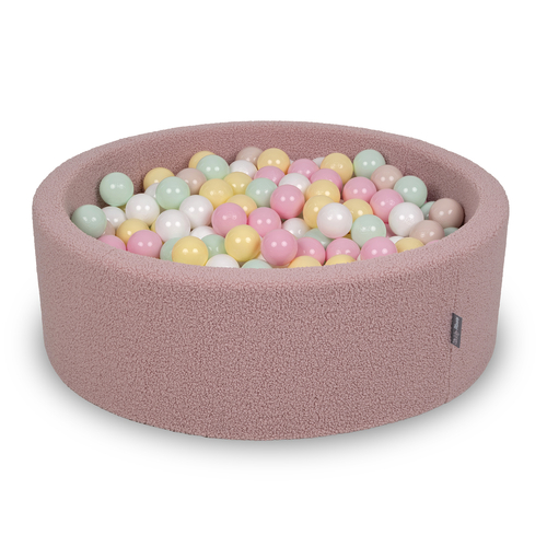 KiddyMoon Ball Pit for Baby with Teddy Plush, Large 7 cm Balls for a Fuller Ball Pit, From 8 Months, Removable Cover, Pink: Pastel Beige/Pastel Yellow/White/Mint/Powder Pink, 90 x 30 cm / 200 Balls
