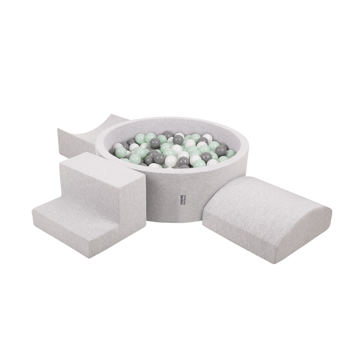 KiddyMoon Foam Playground for Kids with Round Ball pit ( ∅ 7cm/2.75In) Soft Obstacles Course and Ball Pool, Certified Made In The EU, lightgrey:white/grey/mint, Ballpit (200 Balls) + Version 6