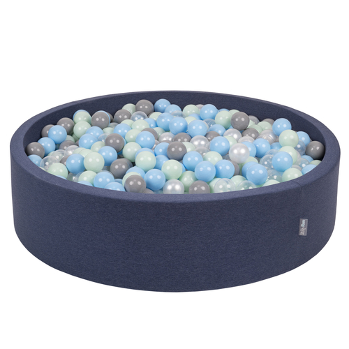 KiddyMoon Soft Ball Pit Round  ∅ 7Cm / 2.75In For Kids, Foam Ball Pool Baby Playballs Children, Made In The EU, dark blue:pearl/grey/transparent/babyblue/mint, 120x30cm/1000 balls