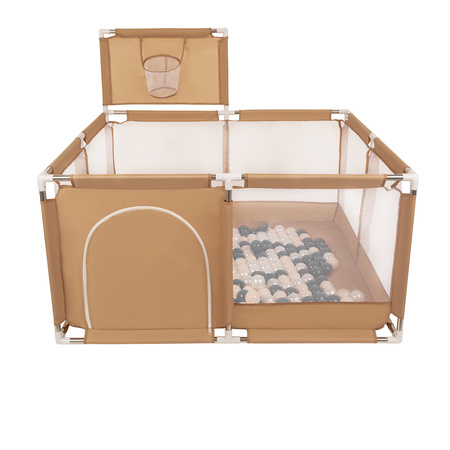 square play pen filled with plastic balls basketball, beige:dark turquoise/pastel beige/pearl, 100 balls