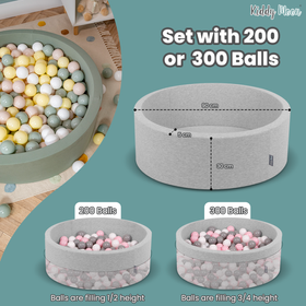 KiddyMoon Baby Foam Ball Pit with Balls ∅ 7cm / 2.75in Made in EU, dark grey:white/grey/light pink, 90x30cm/200 balls