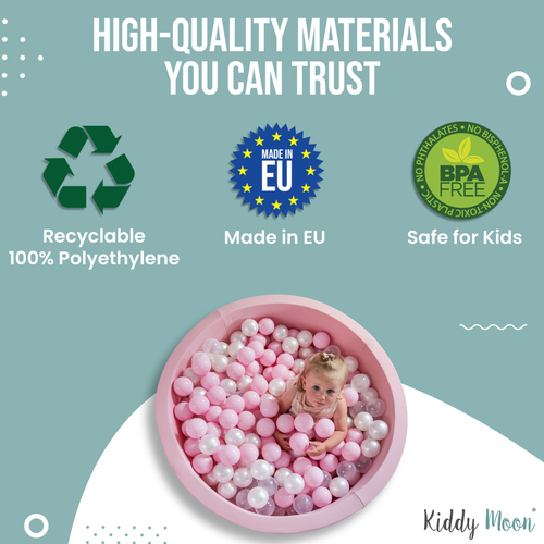 KiddyMoon Soft Plastic Play Balls ∅ 7cm/2.75in Multi-colour Made in EU, light pink/pearl/transparent, 300 Balls/7cm-2.75in
