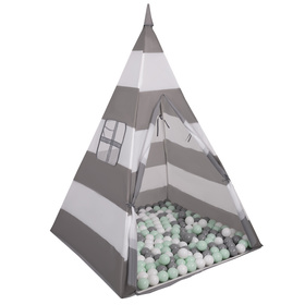 Teepee Tent for Kids Play House With Balls Indoor Outdoor Tipi, grey and white stripes: white/grey/mint, 100 Balls