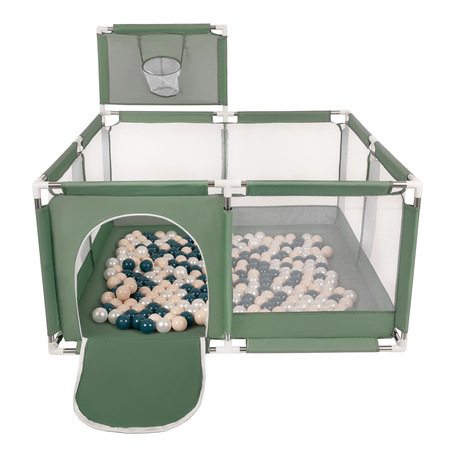 square play pen filled with plastic balls basketball, green:dark turquoise/pastel beige/pearl, 100 balls