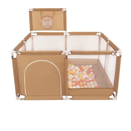 square play pen filled with plastic balls basketball, beige:yellow/orange/pastel beige/white, 100 balls