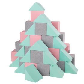 KiddyMoon Soft Foam Cubes Building Blocks 14cm for Children Multifunctional Foam Construction Montessori Toy for Babies, Certified Made in The EU, mix:light grey-pink-mint, 48 Pieces