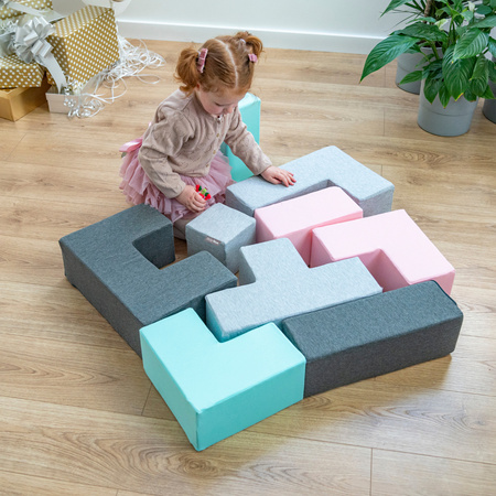 KiddyMoon Soft Foam Cubes Building Blocks 14cm for Children Multifunctional Foam Construction Montessori Toy for Babies, Certified Made in The EU, mix: light grey-dark grey-pink-mint, 9 Pieces