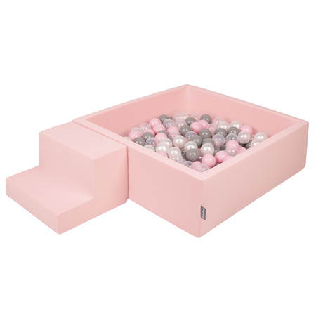 KiddyMoon Foam Playground for Kids with Square Ballpit ( ∅ 7cm/2.75In) Soft Obstacles Course and Ball Pool, Certified Made In The EU, pink:pearl/grey/transparent/powder pink, Ballpit (100 Balls) + Steps