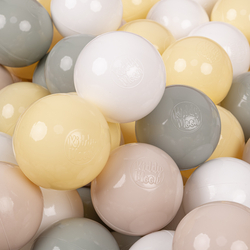 KiddyMoon Soft Plastic Play Balls ∅ 7cm/2.75in Multi-colour Made in EU, pastel beige/greengrey/pastel yellow/white, 100 Balls/7cm-2.75in