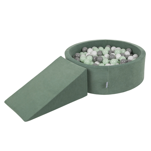 KiddyMoon Foam Playground Velvet for Kids with Round Ball pit ( ∅ 7cm/2.75In) Soft Obstacles Course and Ball Pool, Certified Made In The EU, forest green:white/grey/mint, Ballpit (100 Balls) + Wedge