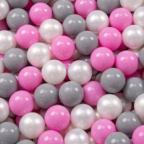 KiddyMoon Soft Ball Pit Quarter Angular ∅ 7cm / 2.75In for Kids, Foam Ball Pool Baby Playballs, Made In The EU, light grey:pearl/grey/pink, 90x30cm/200 balls